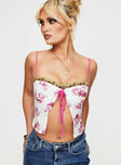 Floral top Sweetheart neckline, open front crop style, lace trim detail, fixed tie detail at bust, wired cups, adjustable shoulder straps, invisible zip fastening at side Non-stretch, lined bust