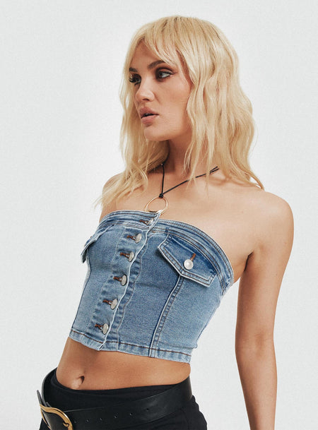 Denim crop top Silver-toned hardware, button fastening at front, faux chest pockets Slight stretch, unlined 