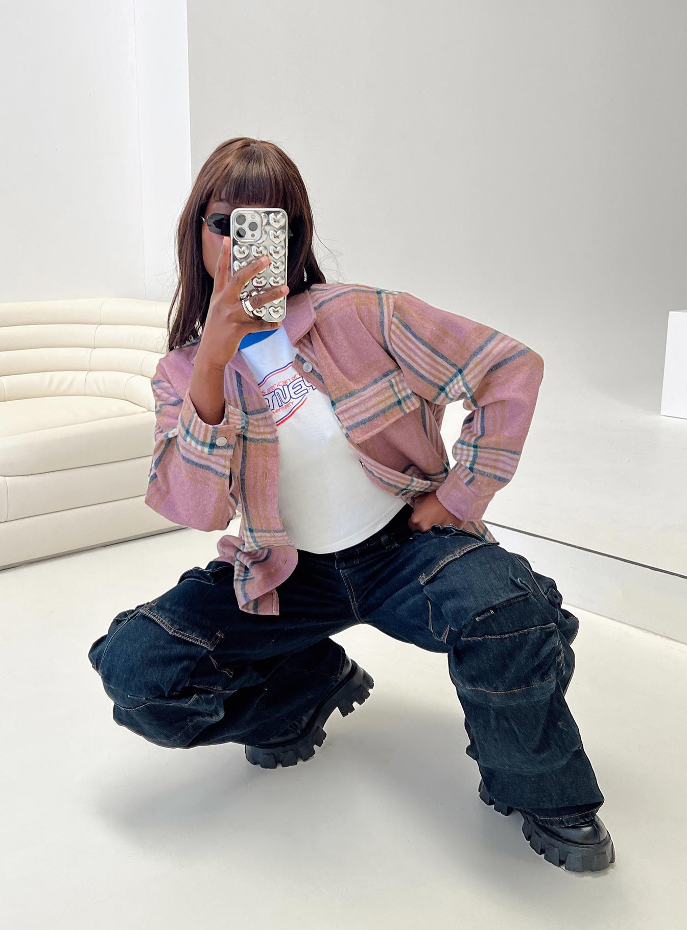 Plaid shacket Classic collar, button fastening at front, faux chest pockets, single button cuff