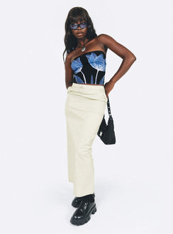 Maxi skirt Mid-low rise Invisible zip fastening at side Twin hip pockets Press button back pockets Drawstring at waist Slit at back