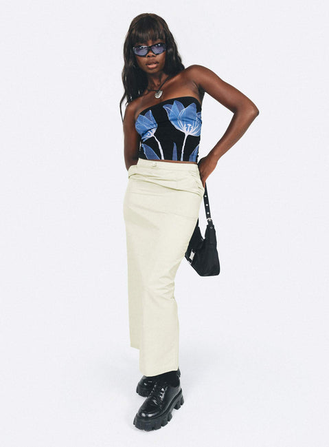 Maxi skirt Mid-low rise Invisible zip fastening at side Twin hip pockets Press button back pockets Drawstring at waist Slit at back