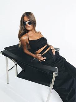 Black strapless top Back tie fastening Semi detached waist tie Good stretch Fully lined