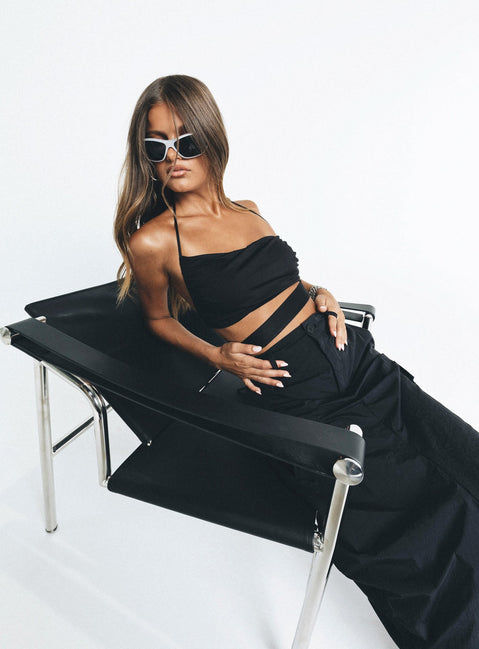 Black strapless top Back tie fastening Semi detached waist tie Good stretch Fully lined