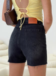 High rise black denim shorts Belt looped waist, classic five-pocket design, branded patch at back, raw edge hem