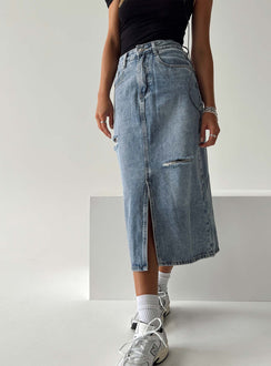 Midi skirt Light wash denim  Belt looped waist Zip and button fastening  Classic five pocket design Distressed detail Spilt hem