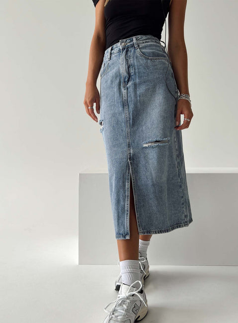 Midi skirt Light wash denim  Belt looped waist Zip and button fastening  Classic five pocket design Distressed detail Spilt hem