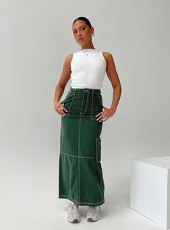Denim maxi skirt Zip and button fastening, belt looped waist, twin hip pockets, slit at back