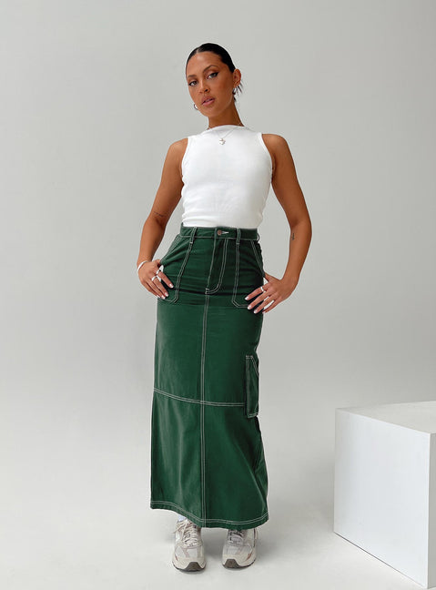 Denim maxi skirt Zip and button fastening, belt looped waist, twin hip pockets, slit at back
