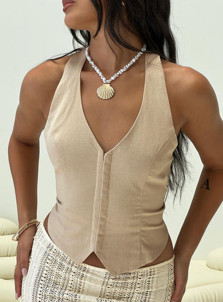 Halter top Fixed halter strap, hook & eye fastening down front, lace up back with tie fastening