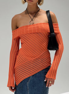 Off-the-shoulder sweater Slim fitting, sheer knit material,  asymmetric hem, extra long slightly flared sleeve, folded neckline