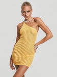 Yellow Mini dress Crochet material, one shoulder style, fixed straps 