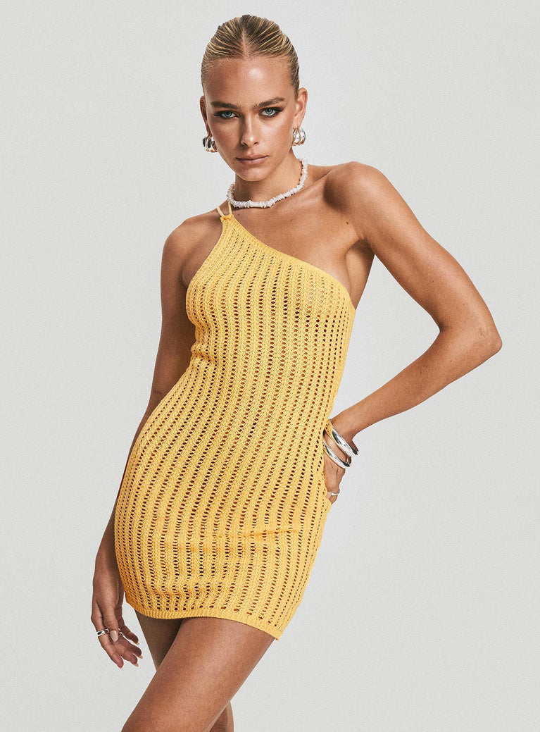 Yellow Mini dress Crochet material, one shoulder style, fixed straps 
