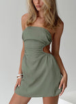 Sage Strapless mini dress Inner silicone strip at bust, twin tie fastenings at back, low exposed back