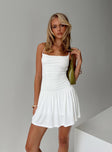 White Mini dress Adjustable shoulder straps, square neckline, ruched waist