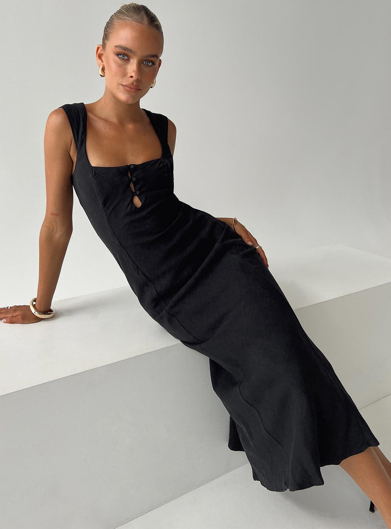 Black Linen midi dress Fixed shoulder straps, square neckline, button fastening at bust, waist tie at back, invisible zip fastening down side