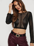 Long sleeve top Knit material, scooped neckline, open back, tie fastening Slight stretch, unlined, sheer Princess Polly Lower Impact 