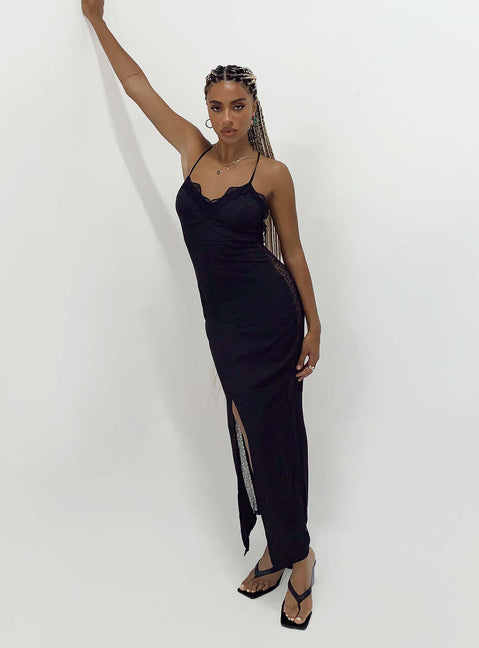 Midi dress Silky material  Lace trimming  Adjustable shoulder straps  Low back  High front slit 
