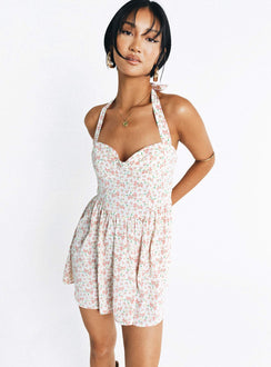 Mini dress Floral print Halter neck tie fastening Invisible zip fastening at back Slight rushing at waist