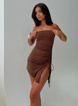 Strapless mini dress Adjustable ruching at the side with tie fastening,asymmetrical hem, inner silicone strip at bust  Good stretch, fully lined  Princess Polly Lower Impact