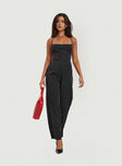 Jumpsuit fastening at back, invisible zip fastening, twin hip &amp; back pockets, partially exposed back, straight leg