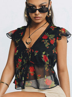 Crop top Floral print Lace trim  Cap sleeve  V neckline Tie fastening at bust