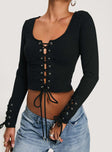 Long sleeve top Scooped neckline, lace up front and cuffs with tie fastening, silver-toned eyelets Good stretch, unlined 