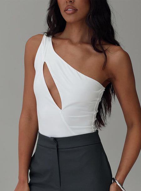 White Cut out bodysuit One shoulder style, high cut leg, cheeky style bottom, press clip fastening