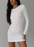 White Long sleeve mini dress Kinit material, wide neckline