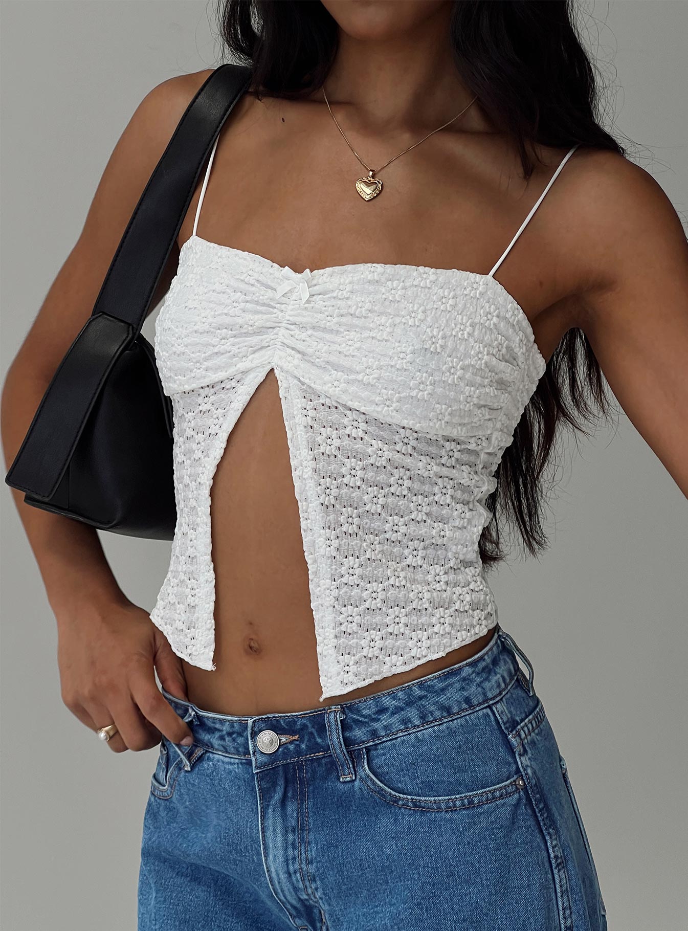 Top Straight neckline, elasticated straps, bow detail, split hem