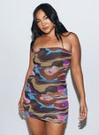 Strapless mini dress Mesh material Printed design Inner silicone strap at bust Cut out at back Ruching at sides