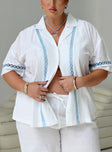 White and blue Short sleeve shirt Classic collar, button fastening at front, crochet detail