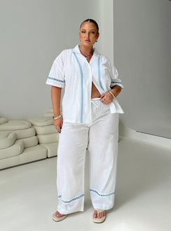 White and blue Linen pants Elasticated waistband, drawstring tie fastening, high rise