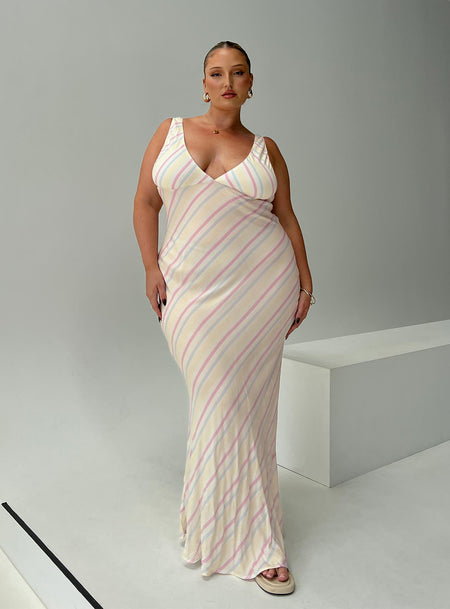 Stripe print maxi dress Fixed shoulder straps, plunging neckline, tie fastening at back, low back with invisible zip fastening