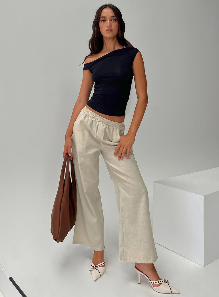 Beige Cargo pants Linen material look, relaxed fit, elasticated waistband, six pocket design 