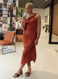 Midi dress Twisted shoulders Ruched side High back slit Good stretch Fully lined