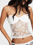 Top Thin fixed straps, ruched bust, lace sheer mid-driff panel Invisible zip fastening at sides