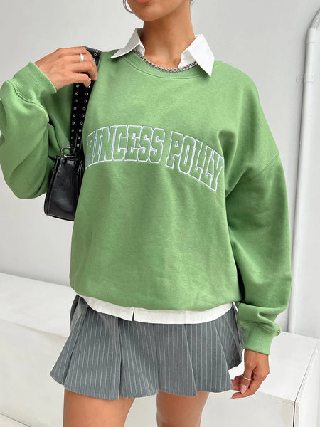 Princess Polly Crew Neck Sweatshirt Collegiate Text Green