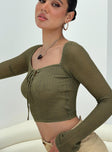 Long sleeve knit top  Square neckline, keyhole cut out with tie fastening Good stretch, sheer, unlined