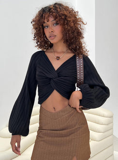 Cropped Sweater  Knit material, V-neckline, twist detail at bust, balloon sleeves Good stretch, unlined 