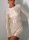 Champagne long sleeve mini dress Silky material Cut out at back Flared cuff Lettuce edge hem