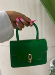 Top handle bag green Faux leather material Single handle Removable crossbody strap Gold-toned hardware Clasp fastening