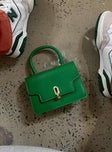Top handle bag green Faux leather material Single handle Removable crossbody strap Gold-toned hardware Clasp fastening