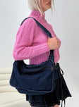 Dark wash denim crossbody bag Fixed shoulder strap, zip fastening, external pocket