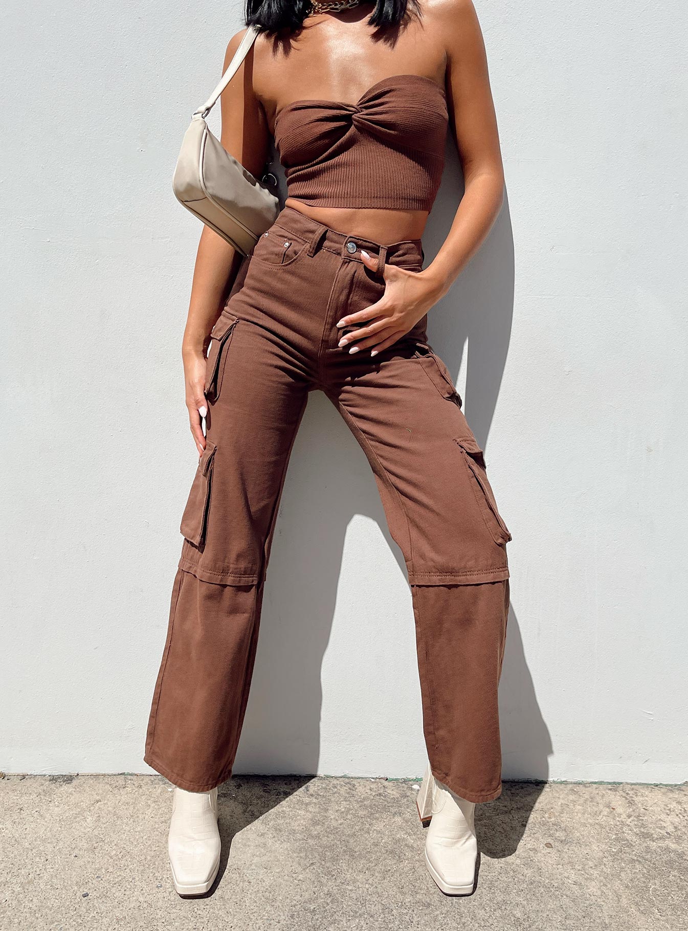 Princess Polly Mid Rise  Darla Cargo Denim Jeans Brown