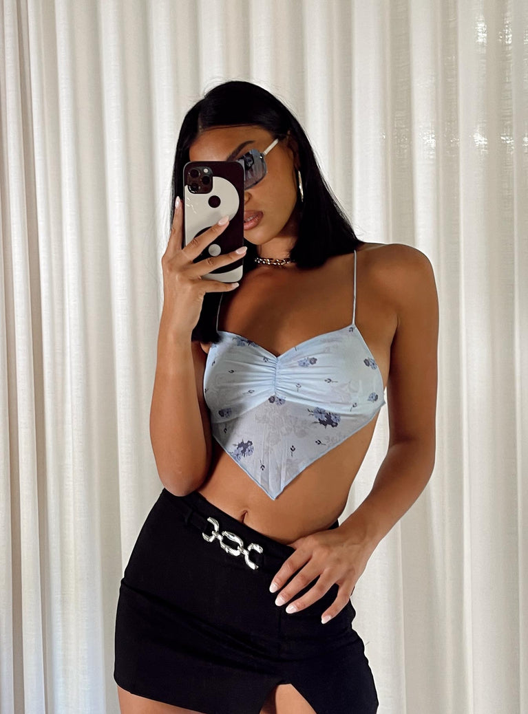 Crop top  Slim fitting  Princess Polly Exclusive 95% polyester 5％ Spandex Floral print  Sheer mesh material  Ruched detail at bust  Back tie fastening  Pointed hem  Lined bust 