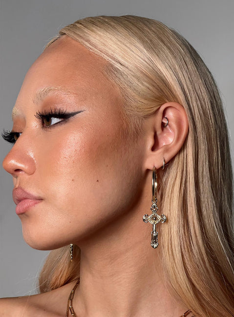 Earrings Gold-toned Hoop style Latch back fastening Cross drop charm