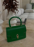 Top handle bag green Faux leather material  Single handle Removable crossbody strap  Gold-toned hardware  Clasp fastening 