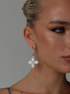 Earrings Hoop style, gold toned, flower pendant with gem stone detail, stud fastening