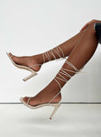 Heels Squared toe Single thin strap upper Ankle wrap fastening Shaved block heel