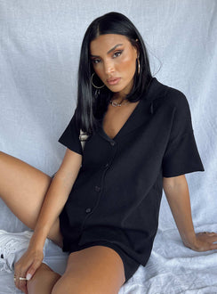 Matching set  Relaxed fit  Princess Polly Exclusive 63% recycled fibers 25% polyester 12% nylon  Soft knit material  V neckline  Button front fastening  High waisted shorts  Elasticated waistband 